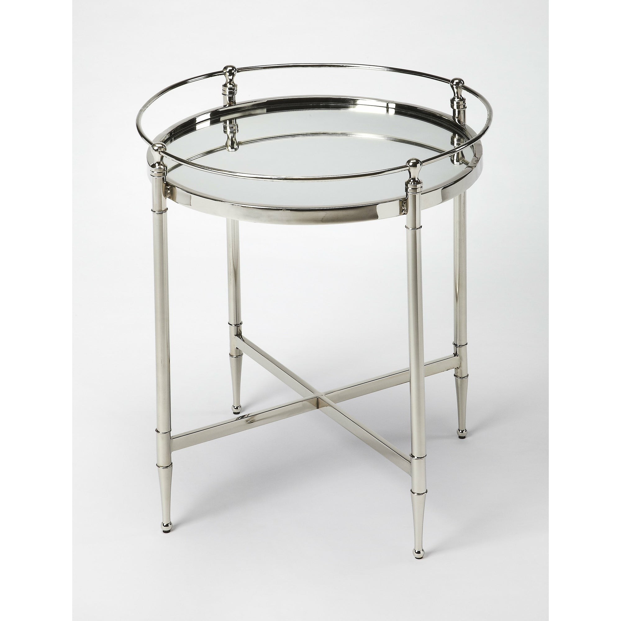 Butler Specialty Modern Round Silver Metal Mirror End Table Accent Tables Butler Specialty